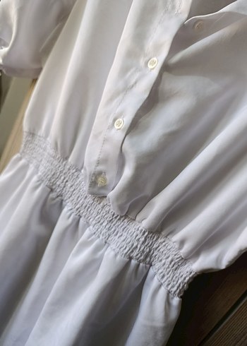 Düğmeli Beyaz Keten Midi Elbise - Görsel 5