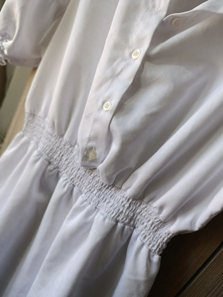Düğmeli Beyaz Keten Midi Elbise - Görsel 5