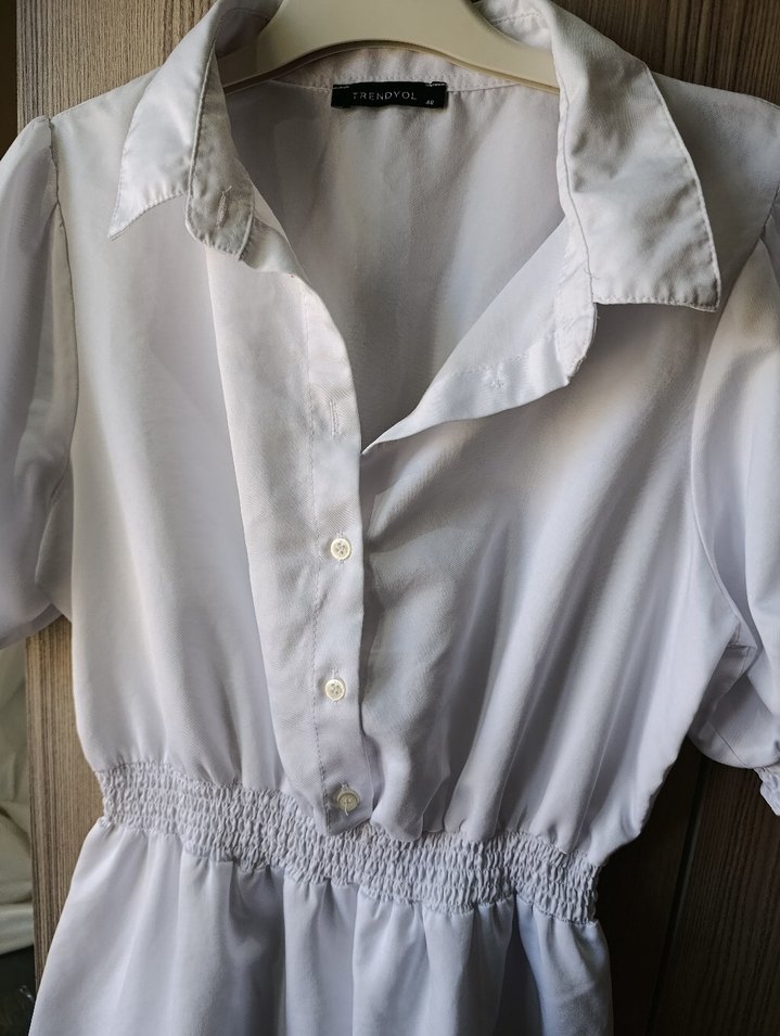 Düğmeli Beyaz Keten Midi Elbise - Görsel 2