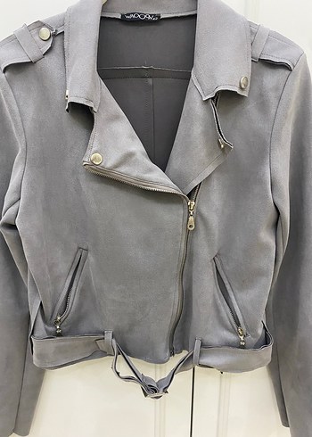 Gri Süet Kemerli Biker Kadın Ceket - Görsel 2