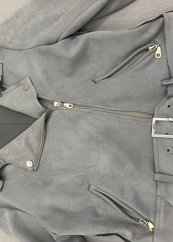 Gri Süet Kemerli Biker Kadın Ceket - Görsel 4
