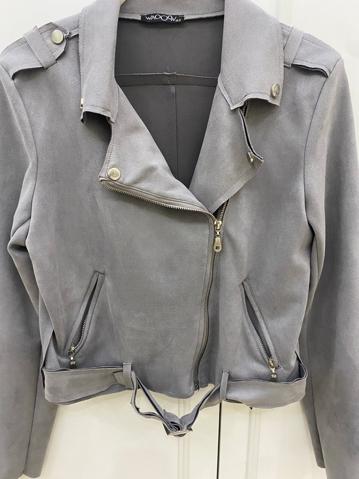 Gri Süet Kemerli Biker Kadın Ceket - Görsel 2