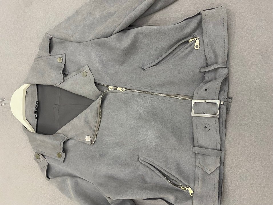 Gri Süet Kemerli Biker Kadın Ceket - Görsel 4