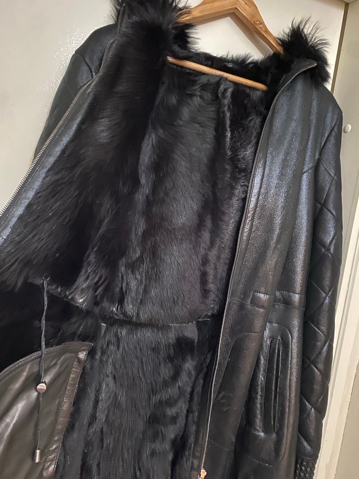 VITTORIO marka Kürklü Siyah Deri Kadın Ceket - Görsel 5