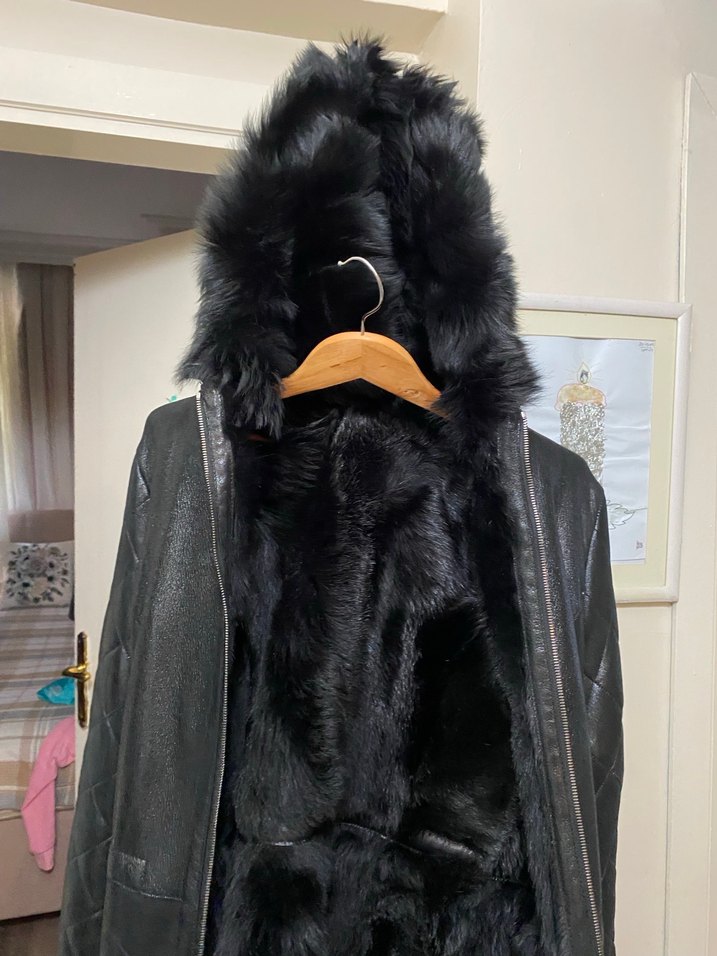 VITTORIO marka Kürklü Siyah Deri Kadın Ceket - Görsel 3