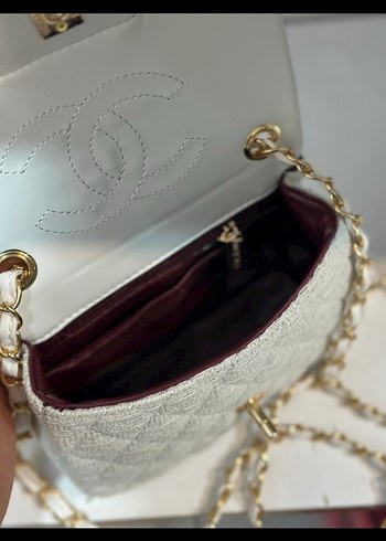 Chanel Zincir Detaylı Beyaz Keten Kadın Çanta