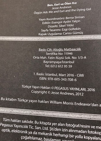 Beden Ben, Earl ve Ölen Kız - Jesse Andrews birinci baskı