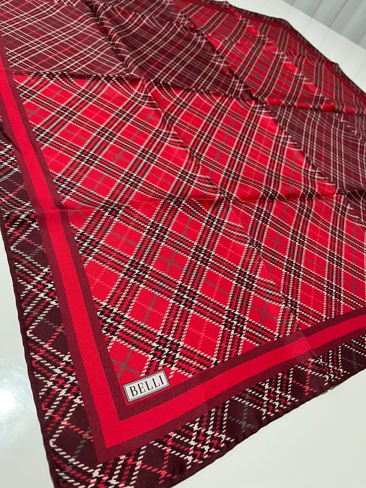 Kırmızı Ekoseli Kadın eşarp tiwil ipek - Görsel 2