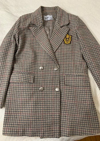 l Beden Düğmeli Ekose Kadın Midi Blazer Ceket