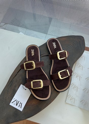 Zara Kahverengi Suet Cift Bantli Terlik