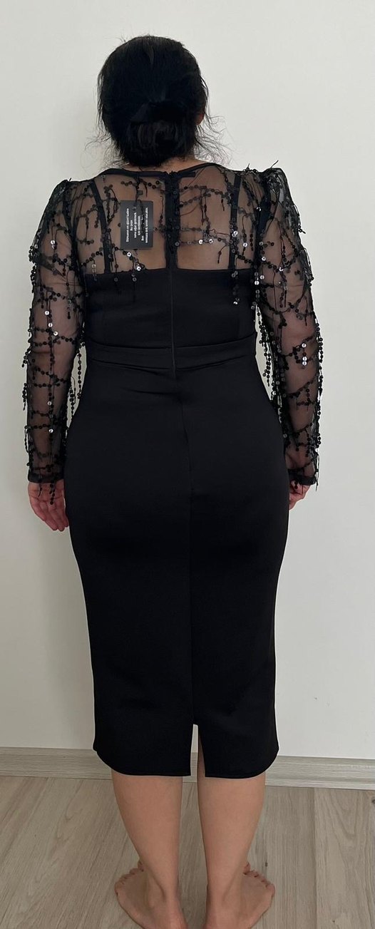 Dantel Detaylı Siyah Midi Abiye Elbise - Görsel 3