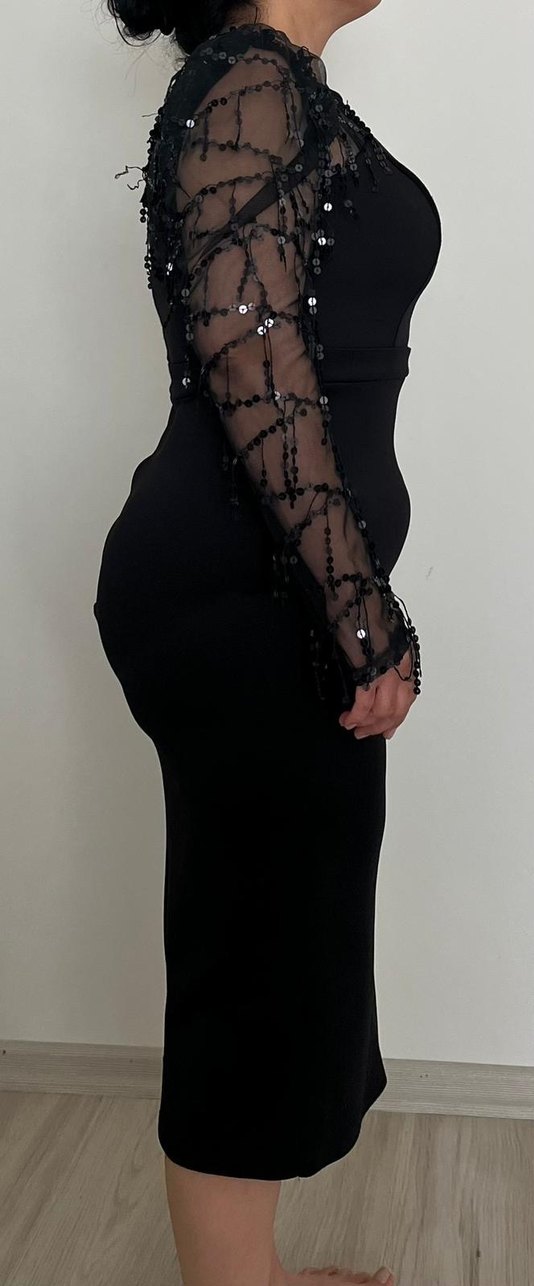 Dantel Detaylı Siyah Midi Abiye Elbise - Görsel 2