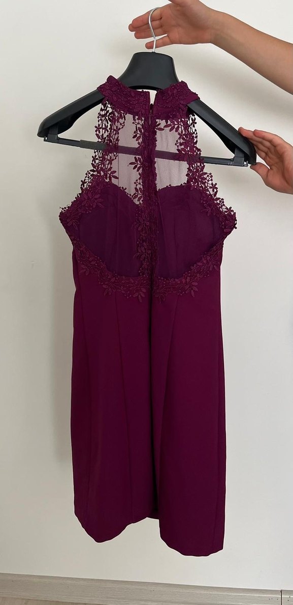 Bordo Dantel Detaylı V Yaka Mini Elbise - Görsel 4