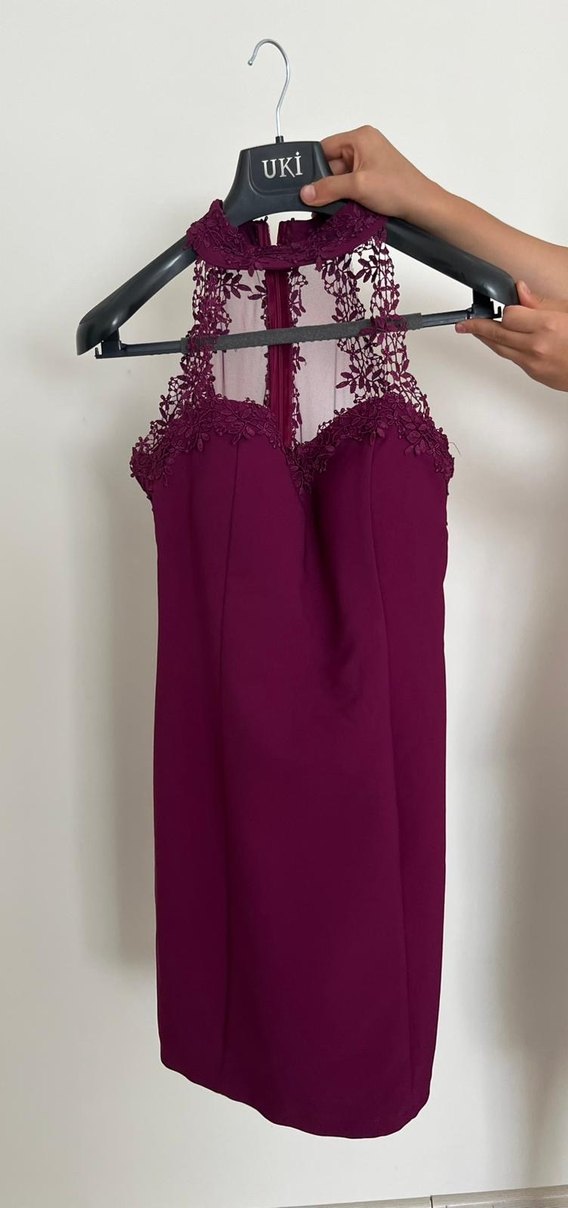 Bordo Dantel Detaylı V Yaka Mini Elbise - Görsel 3