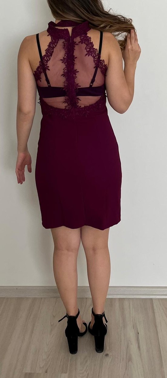 Bordo Dantel Detaylı V Yaka Mini Elbise - Görsel 2