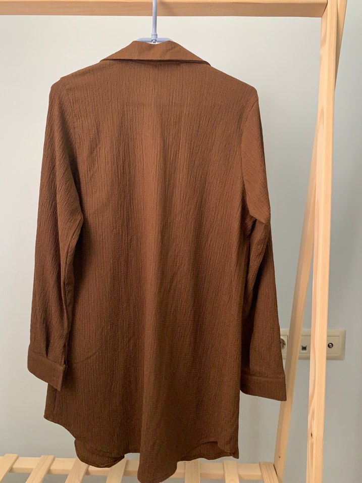 Düğmeli Kahverengi Uzun Kollu Keten Gömlek - Görsel 2