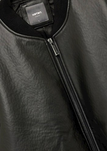 KOTON Siyah Parlak Suni Deri Erkek Ceket - Görsel 5