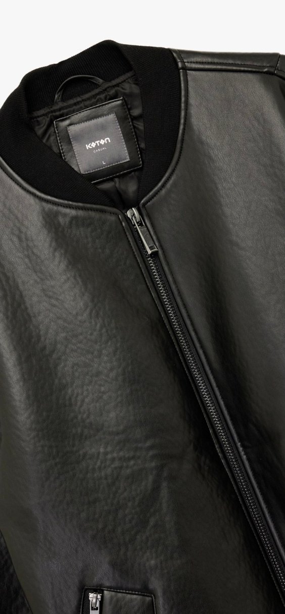 KOTON Siyah Parlak Suni Deri Erkek Ceket - Görsel 5