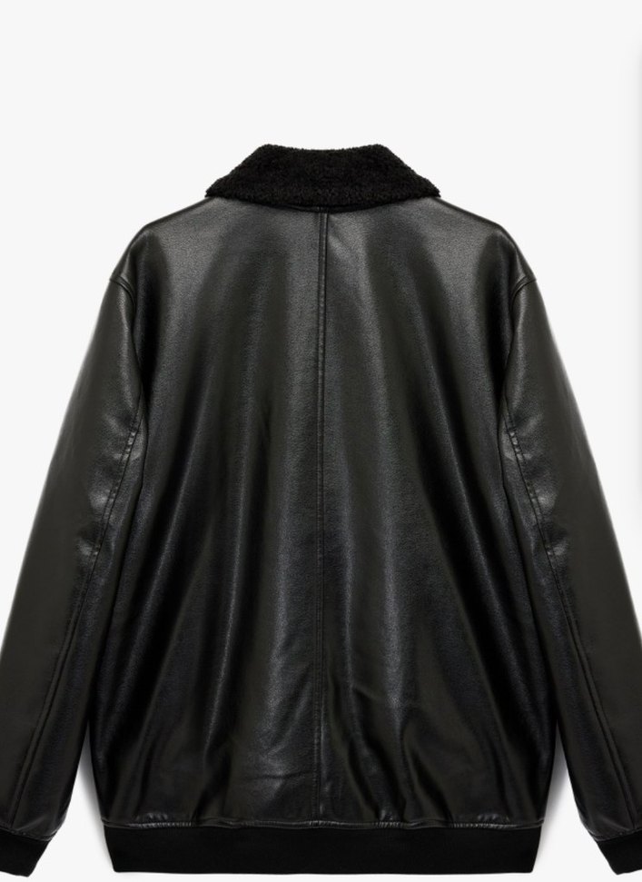 KOTON Siyah Kürklü Suni Deri Ceket - Görsel 2