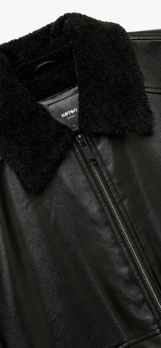 KOTON Siyah Kürklü Suni Deri Ceket - Görsel 3