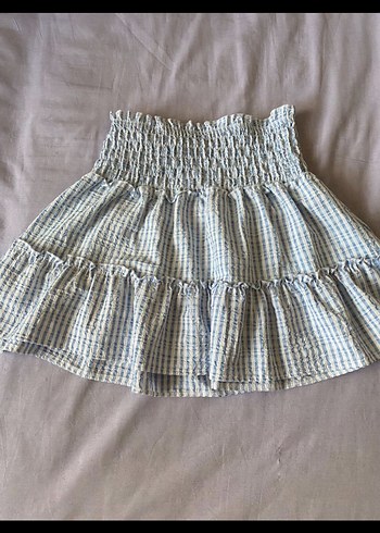 Gri Mavi Fırfırlı Mini Etek