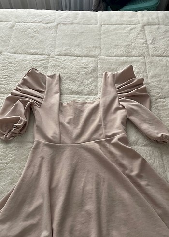 Bej Drapeli kare Yaka Midi Boy Elbise - Görsel 2