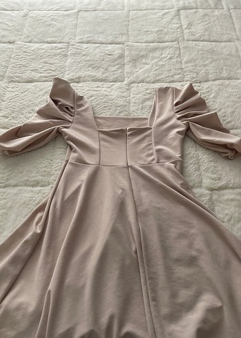 Bej Drapeli kare Yaka Midi Boy Elbise - Görsel 3