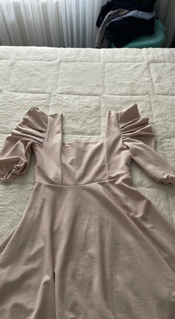 Bej Drapeli kare Yaka Midi Boy Elbise - Görsel 2