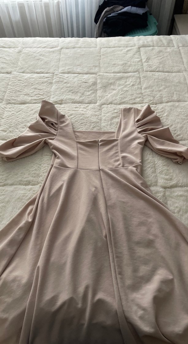 Bej Drapeli kare Yaka Midi Boy Elbise - Görsel 3