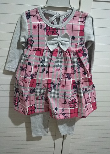 Uzun Kollu Pembe Gri Desenli Bebek Kız Takımı