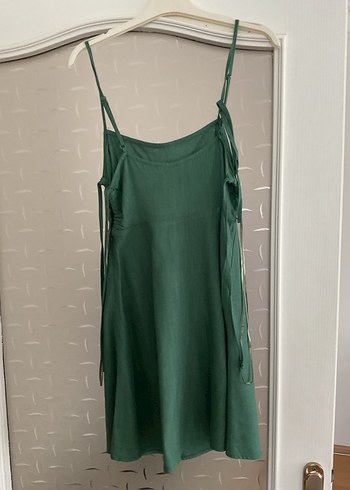Yeşil Askılı Uzun ince Keten Elbise - Görsel 4