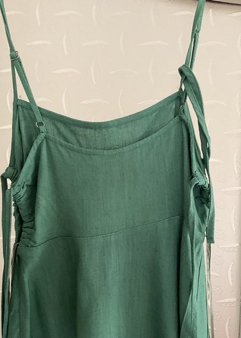 Yeşil Askılı Uzun ince Keten Elbise - Görsel 3