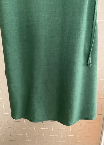 Yeşil Askılı Uzun ince Keten Elbise - Görsel 5