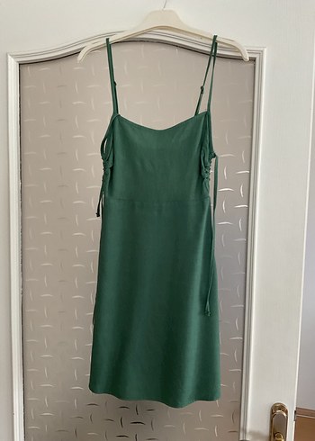 Yeşil Askılı Uzun ince Keten Elbise - Görsel 2