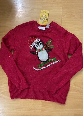 Bordo Kız Çocuk Triko Kazak Pullu Penguen Desenli - Görsel 2