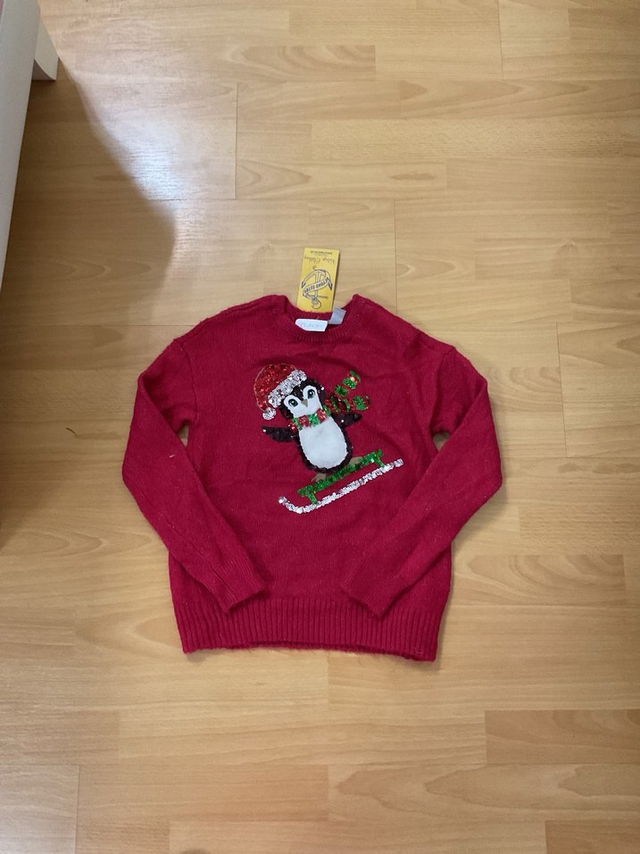 Bordo Kız Çocuk Triko Kazak Pullu Penguen Desenli - Görsel 3