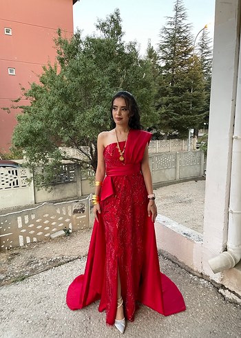s Beden kırmızı Renk Kırmızı Drapeli Uzun Straplez Kadın Abiye
