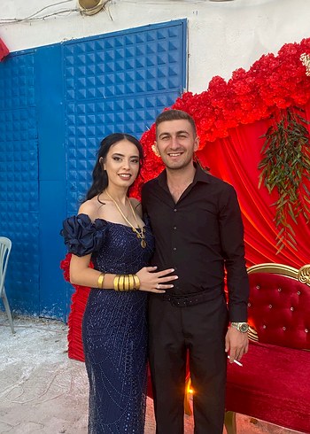 Lacivert İşlemeli Drapeli Uzun Abiye Elbise - Görsel 4