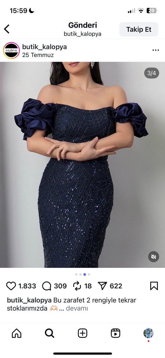 Lacivert İşlemeli Drapeli Uzun Abiye Elbise - Görsel 2