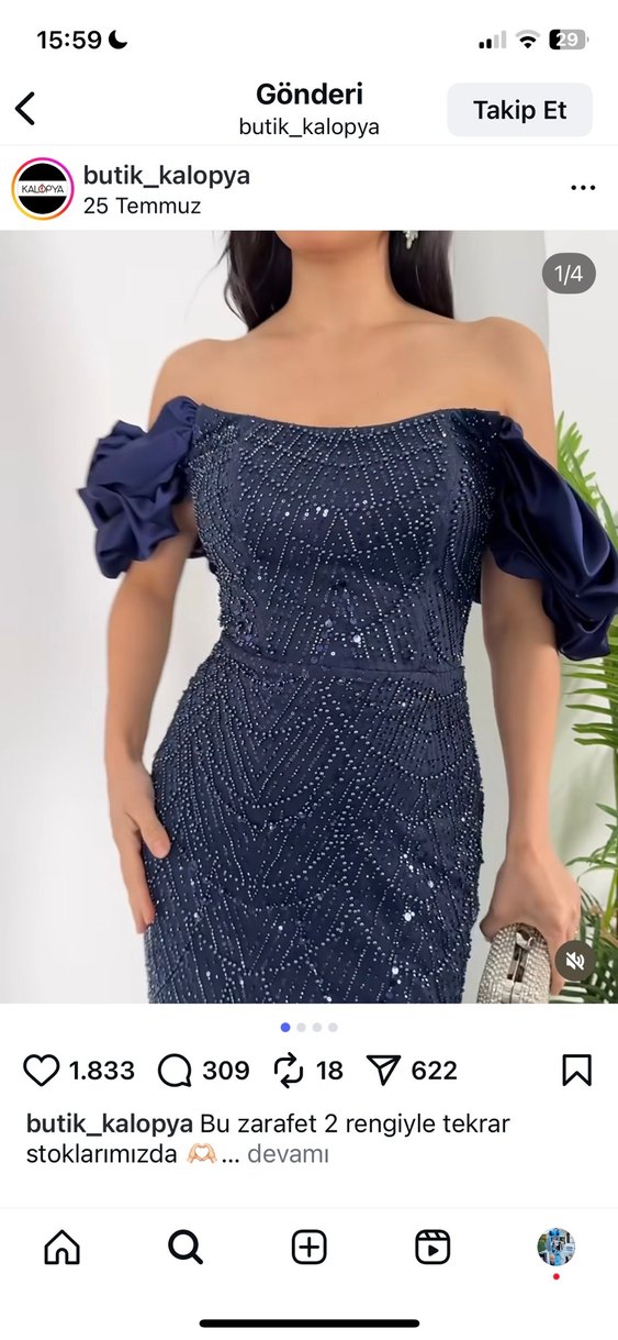 Lacivert İşlemeli Drapeli Uzun Abiye Elbise - Görsel 3