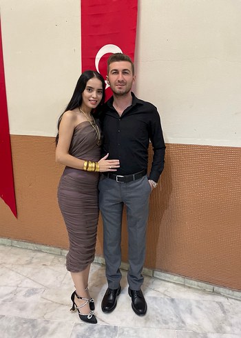 Drapeli Uzun Bej Kadın Elbise - Görsel 3