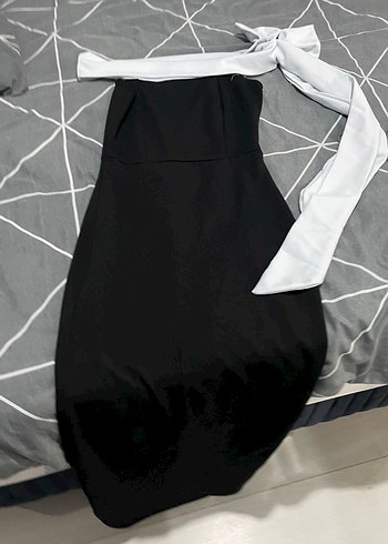 Siyah Drapeli Uzun Abiye Elbise kurdeleli elbise - Görsel 6