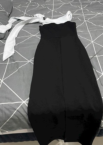 Siyah Drapeli Uzun Abiye Elbise kurdeleli elbise - Görsel 3