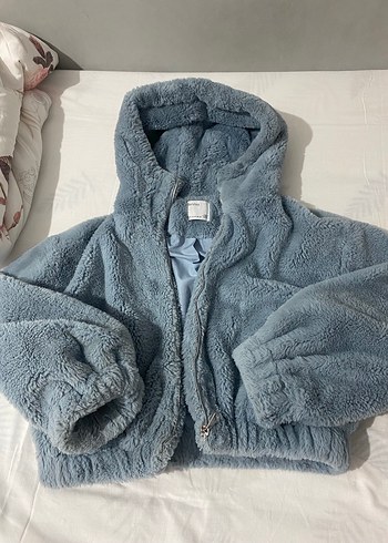 bebek mavisi Kapüşonlu Kadın Peluş Ceket