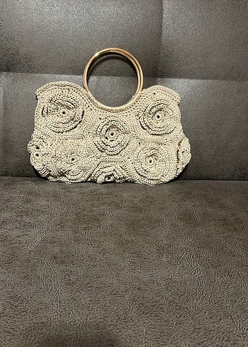 Beden camel Renk Bej Örgü Çiçekli Bohem Kadın Çantası