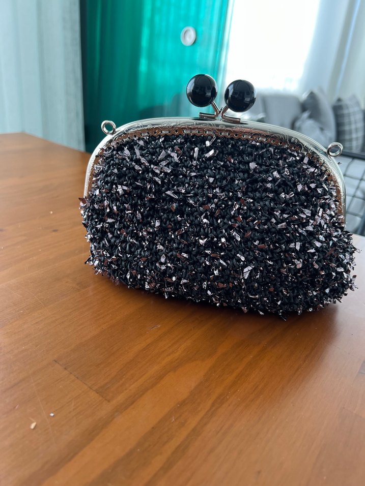 Boncuk İşlemeli Gri Örgü Kadın Portföy Çanta - Görsel 3