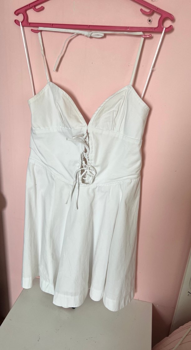 Beyaz Midi Strappy Bohem Elbise - Görsel 2