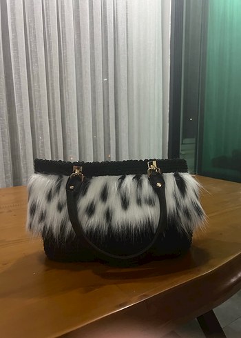 Kürk Detaylı Leopar Desenli Siyah Örgü Kadın Çanta - Görsel 3
