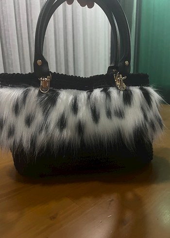 Kürk Detaylı Leopar Desenli Siyah Örgü Kadın Çanta - Görsel 2