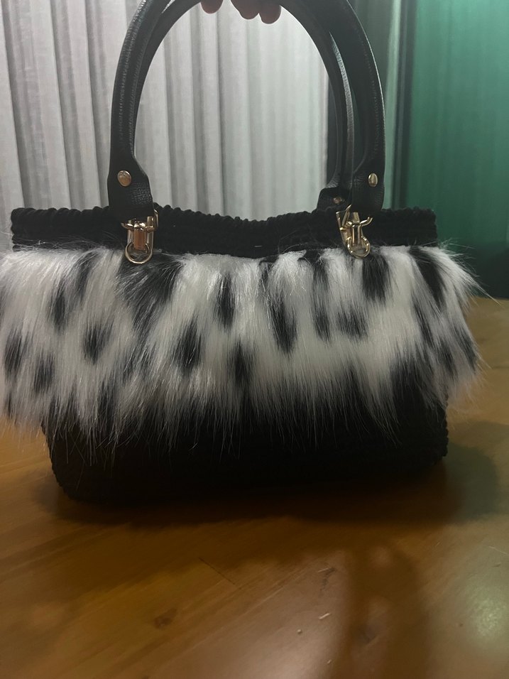 Kürk Detaylı Leopar Desenli Siyah Örgü Kadın Çanta - Görsel 2